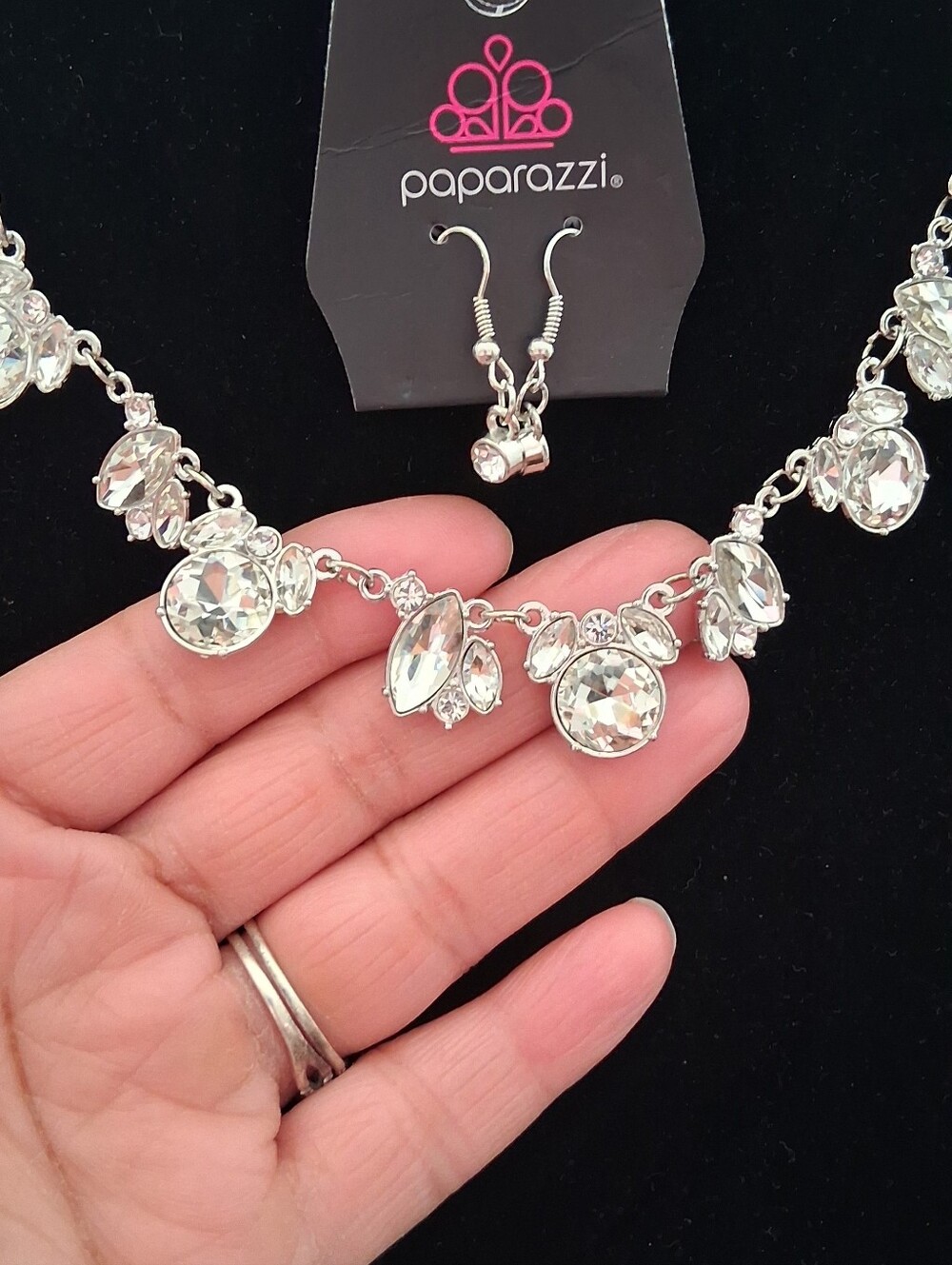 paparazzi Silver Clear Crystal Dainty Statement Necklace and Earrings